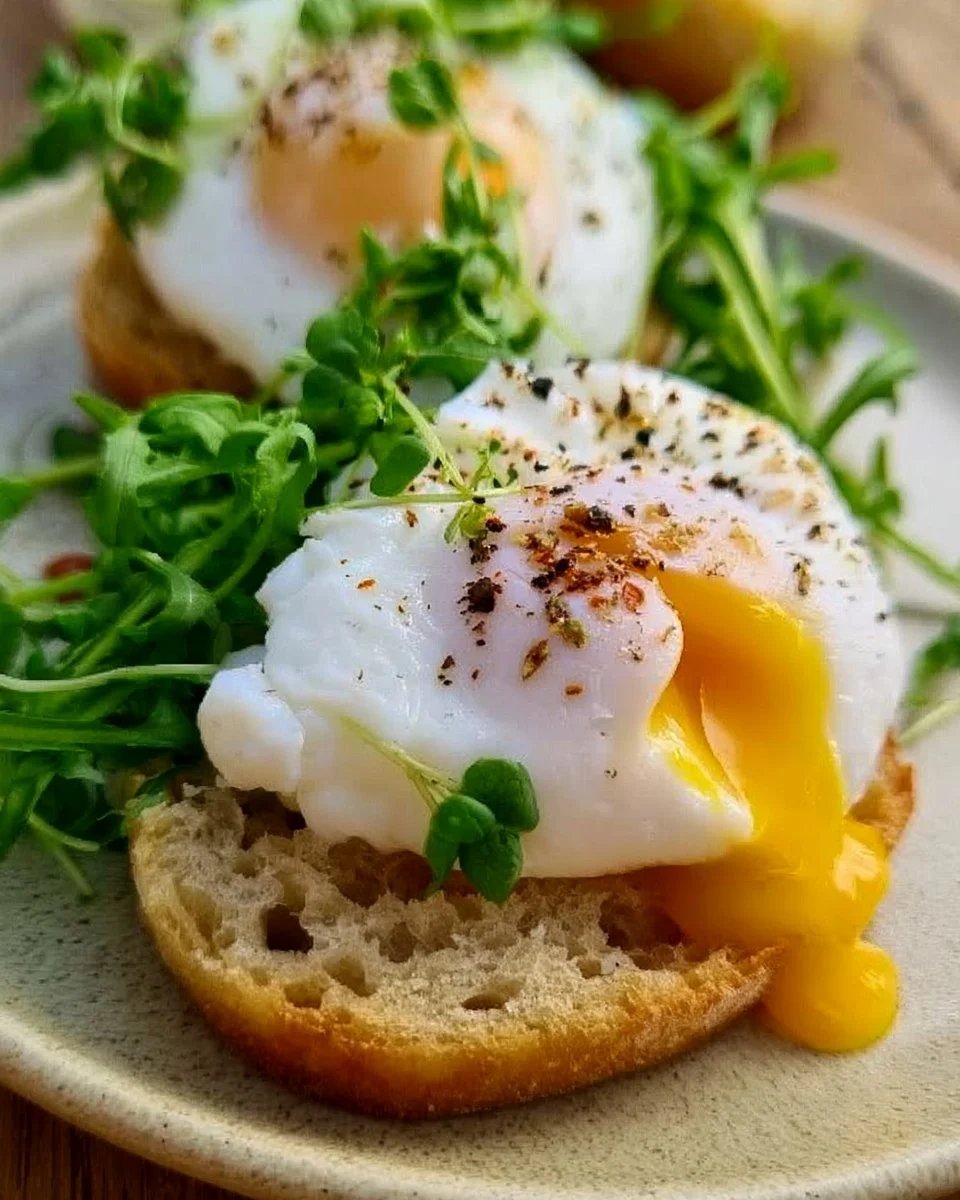 Delicious air fryer poached eggs served on a plate with garnishes