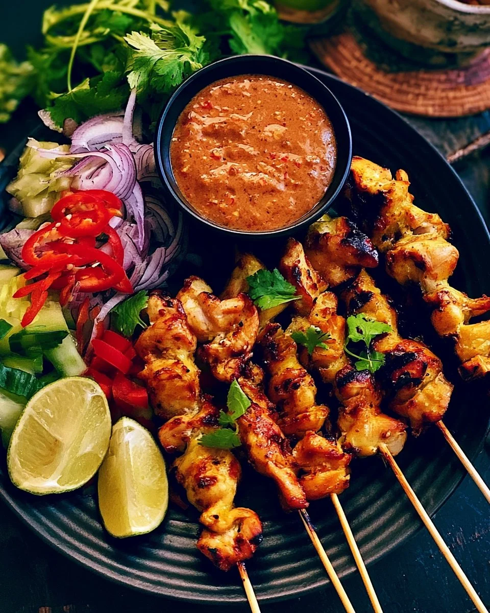 Delicious chicken satay skewers served with peanut sauce