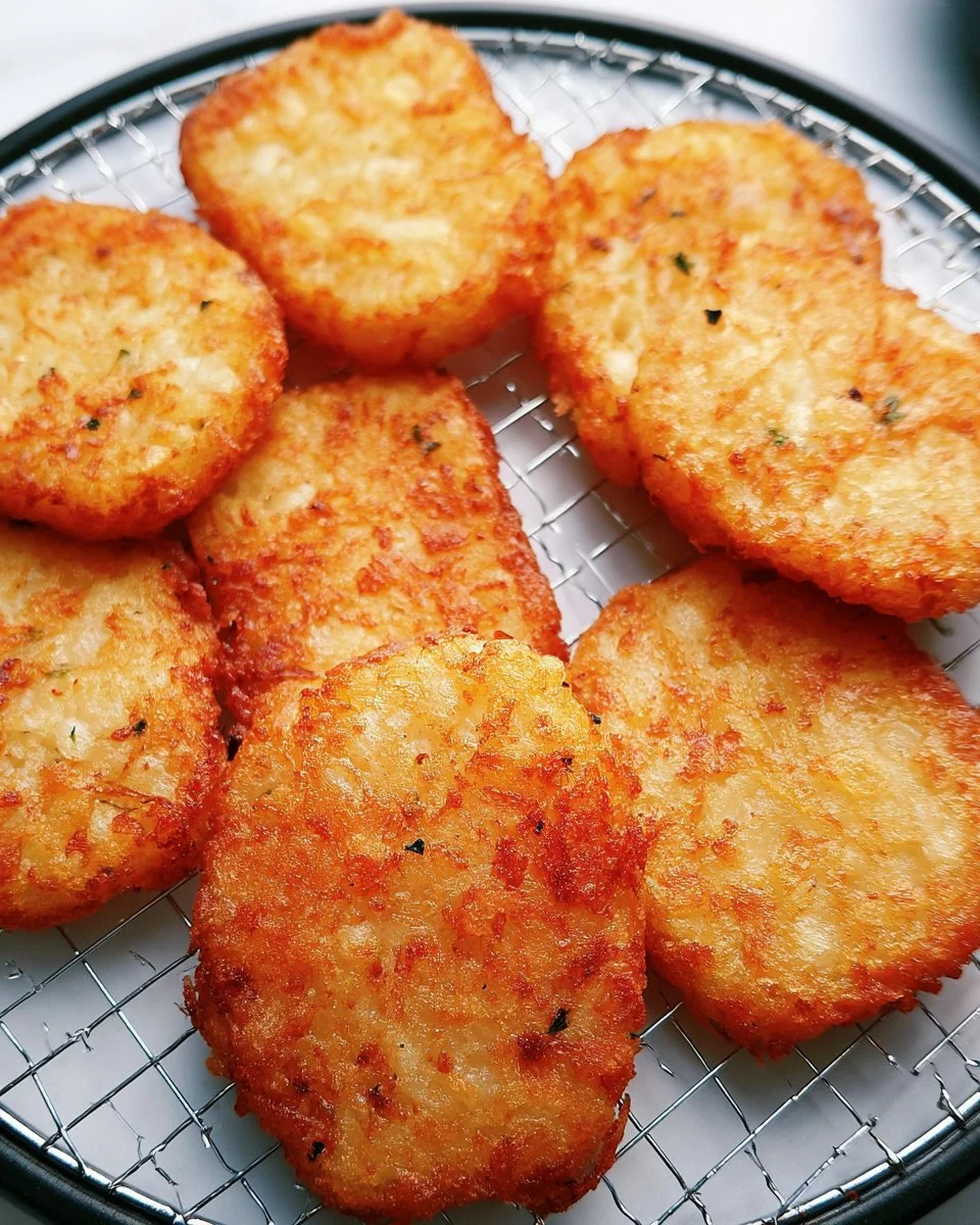 Crispy frozen hash browns cooked in an air fryer for a delicious breakfast.