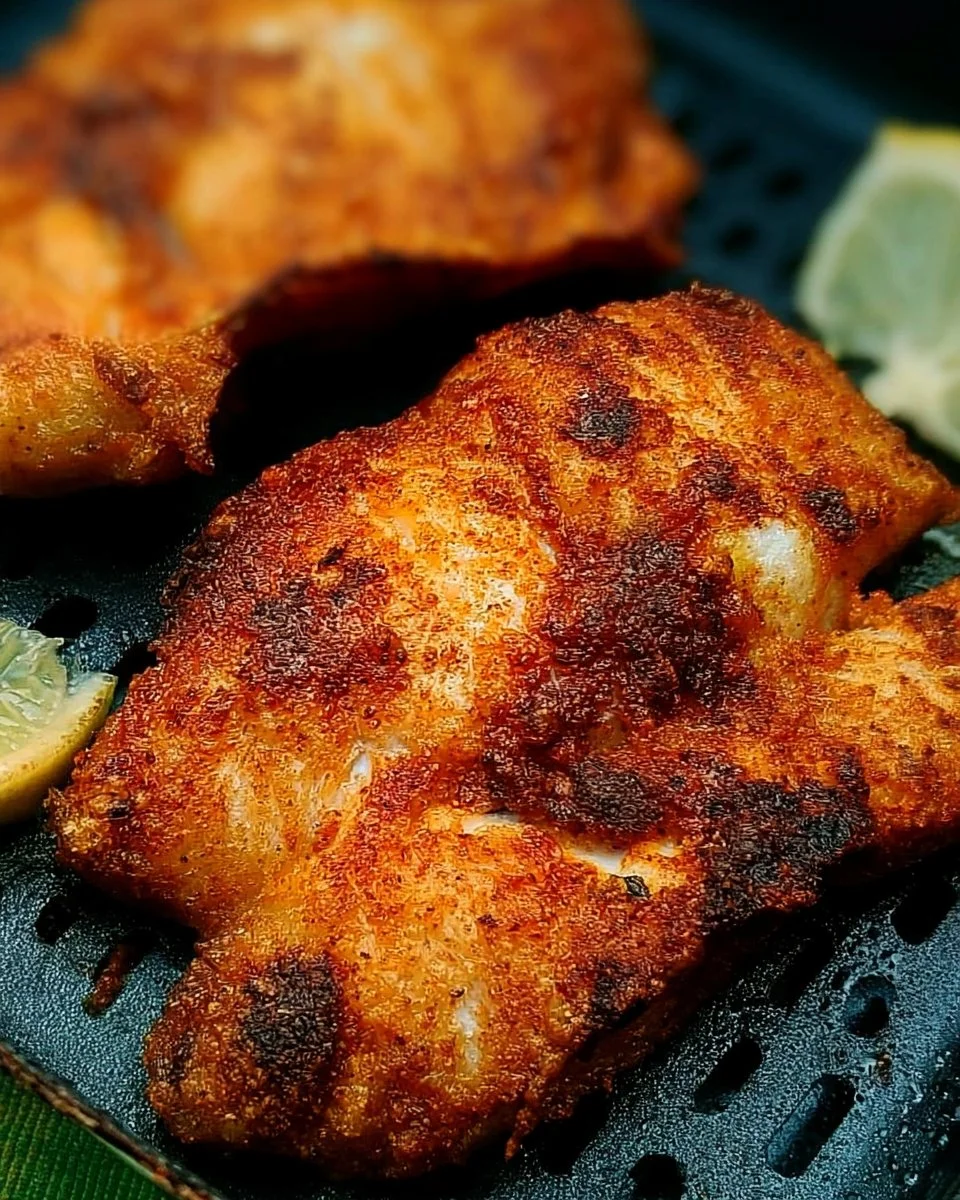 Delicious gluten-free air fried fish served with lemon and herbs