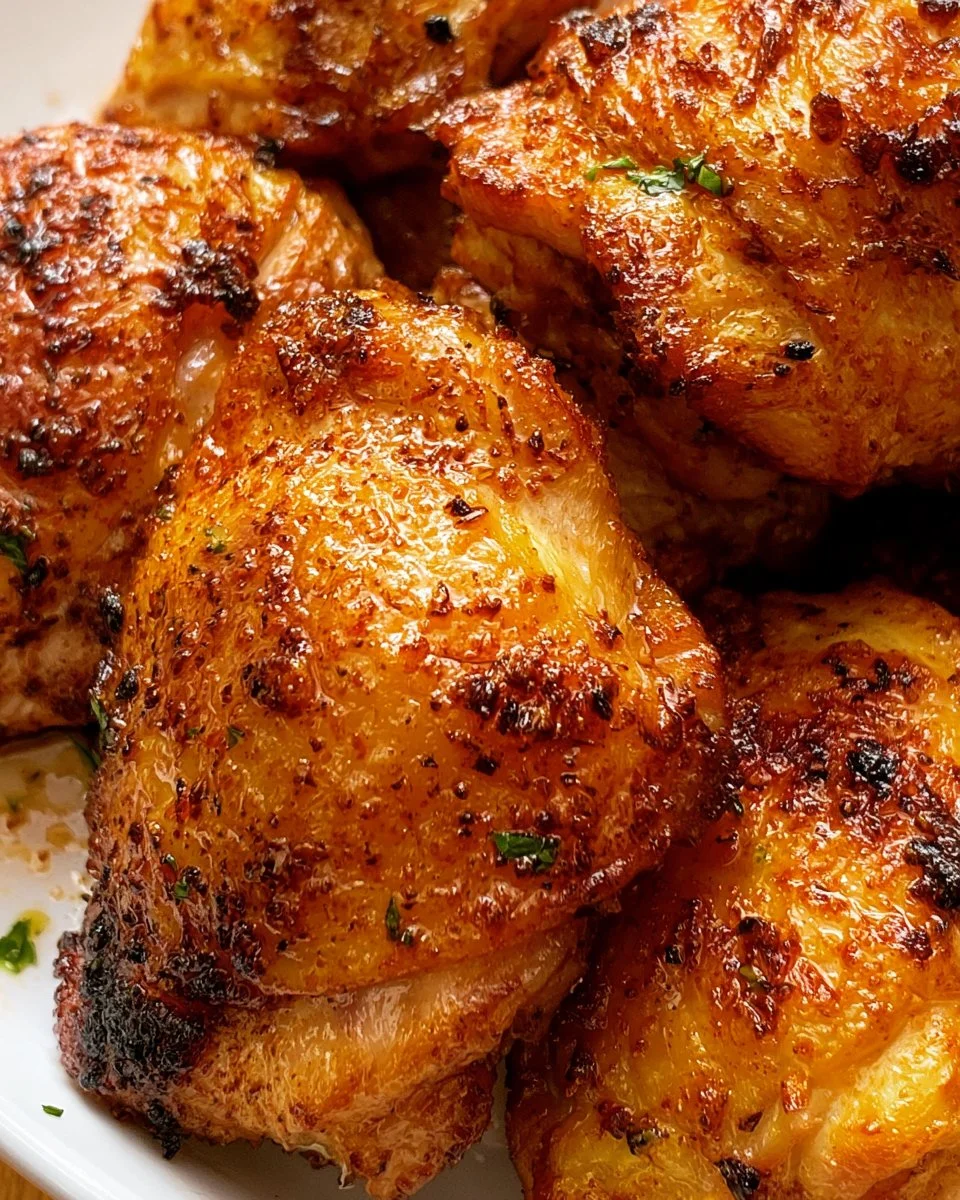 Juicy air fryer chicken thighs garnished with herbs on a plate