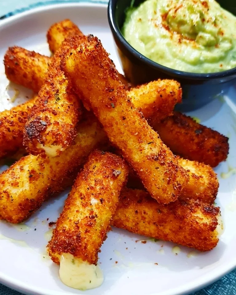 Crispy mozzarella sticks served with creamy avocado dipping sauce