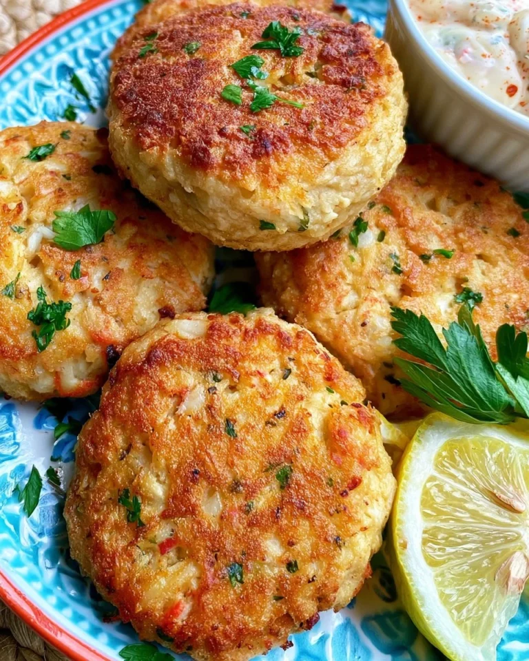 Golden air fryer crab cakes on a plate, garnished with herbs.