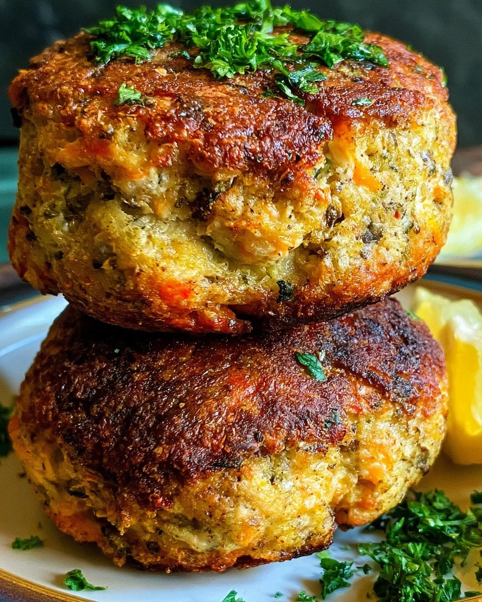 Perfectly cooked air fryer salmon patties served on a plate.