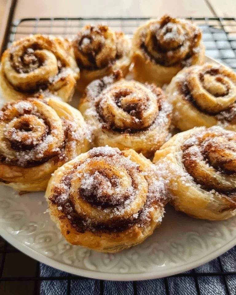 Puff pastry cinnamon sugar pinwheels freshly baked and arranged on a plate.