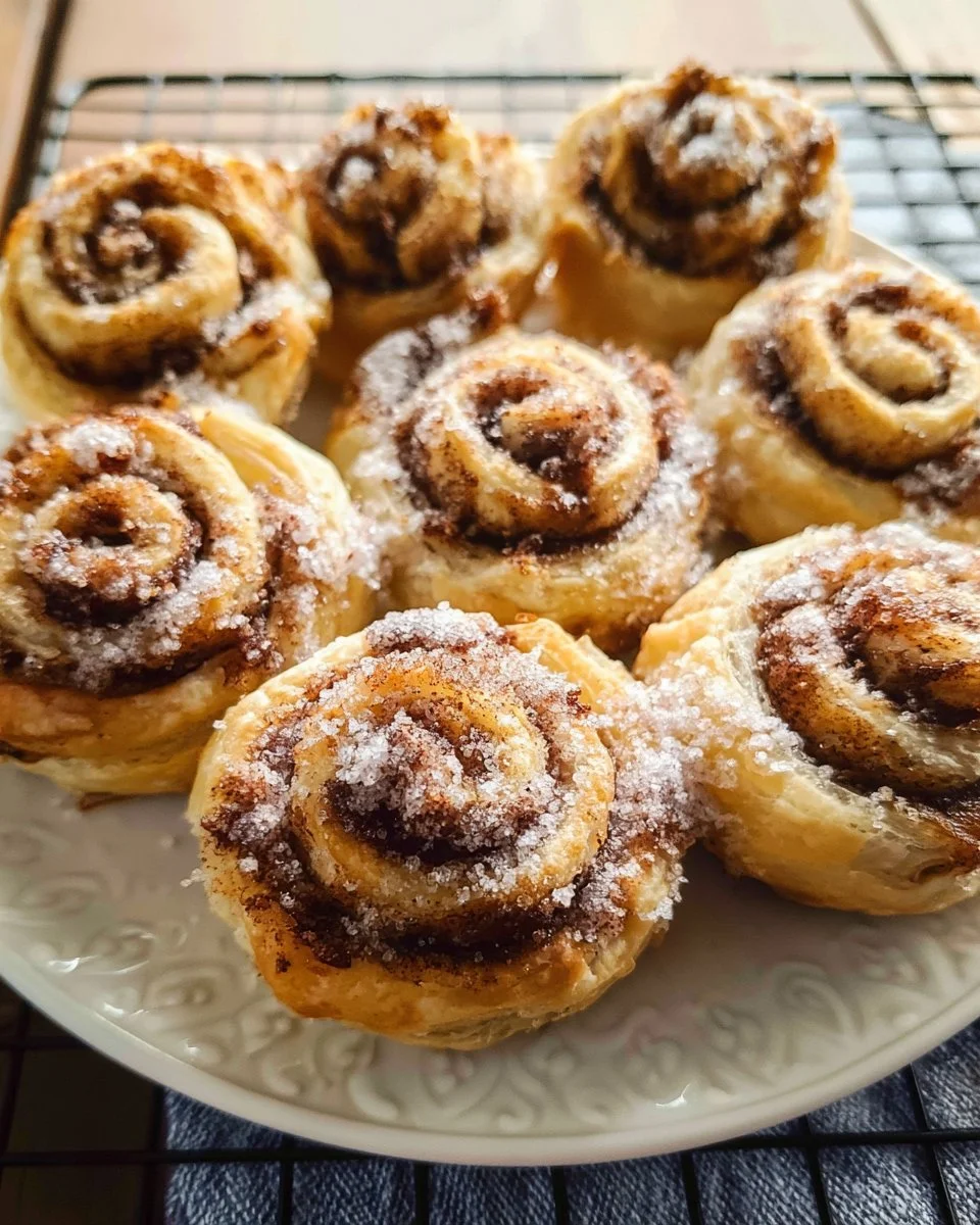 Puff pastry cinnamon sugar pinwheels freshly baked and arranged on a plate.