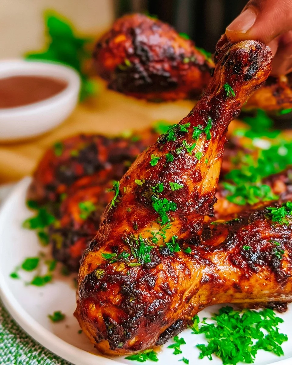 Crispy air fryer chicken drumsticks served with a side of dipping sauce.