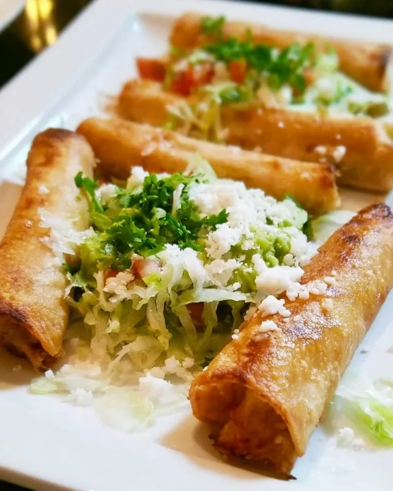 Quick and easy chicken flautas served on a plate with toppings.