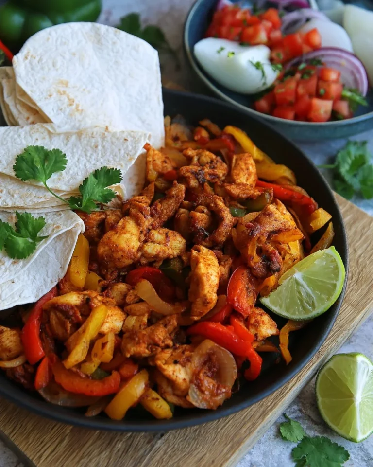 Sizzling air fryer chicken fajitas served with colorful bell peppers and onions.