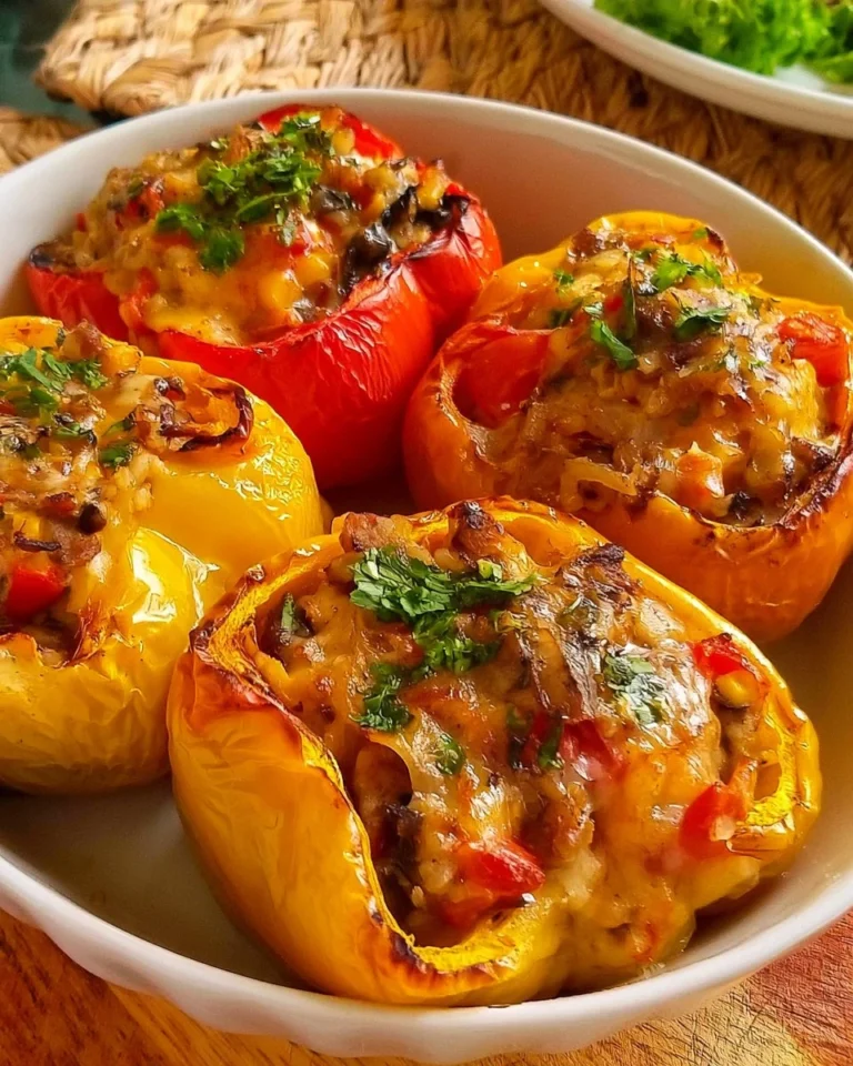 Delicious stuffed bell peppers filled with rice, meat, and spices on a plate.